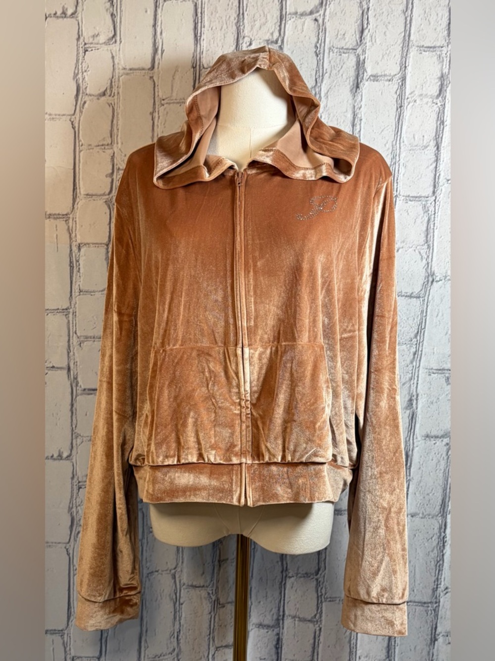 Pink Victoria Secret:XXL  Velour Shine Logo Full-ZIP CROP  Hoodie Light Bronze